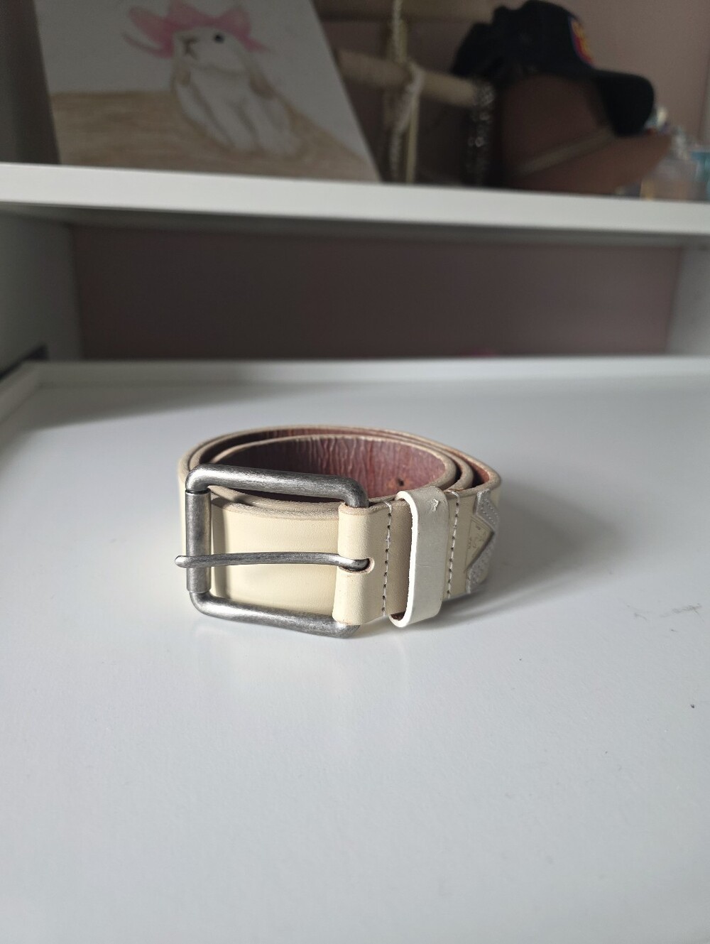 GUESS Vintage Cream Leather Belt with Silver Buckle